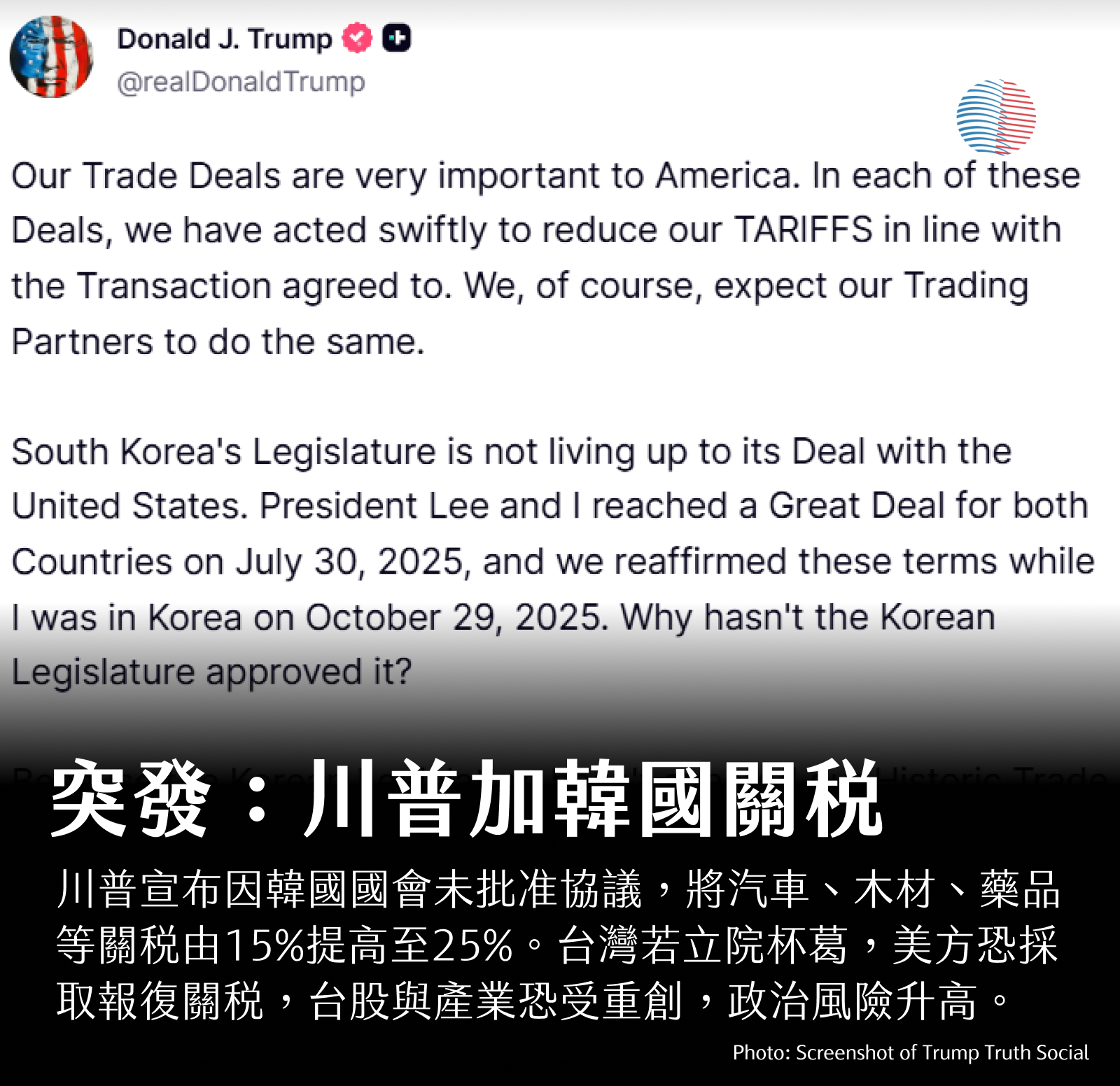 突發：川普加韓國關稅